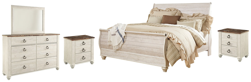 Willowton King Sleigh Bed with Mirrored Dresser and 2 Nightstands