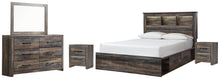 Load image into Gallery viewer, Drystan Queen Bookcase Bed with 4 Storage Drawers with Mirrored Dresser and 2 Nightstands

